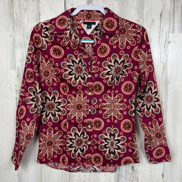 Tommy Hilfiger button up blouse funky floral print retro vibe colorful small - Picture 1 of 8
